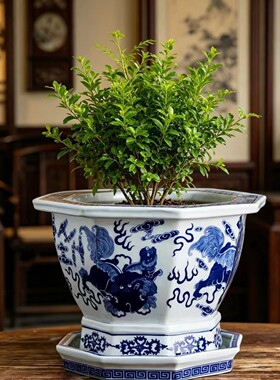 景德镇青花陶瓷花盆祥瑞麒麟纹八角形 带托盘茶道陶瓷落地大花盆