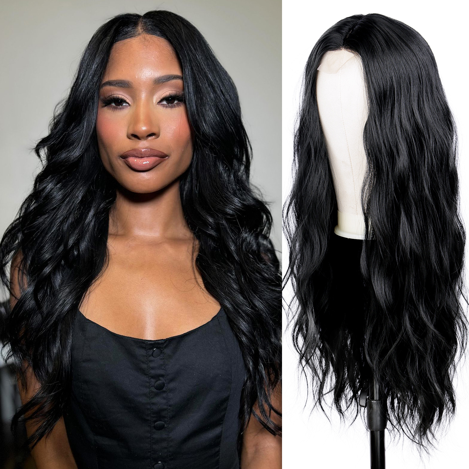 时尚欧美中分长卷发假发女男黑色跨境化纤全头套多款可选厂家