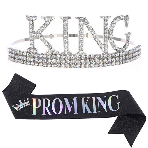 跨境男士皇冠金葱布礼仪带套装 男士PROM KING王冠头饰 舞会派对