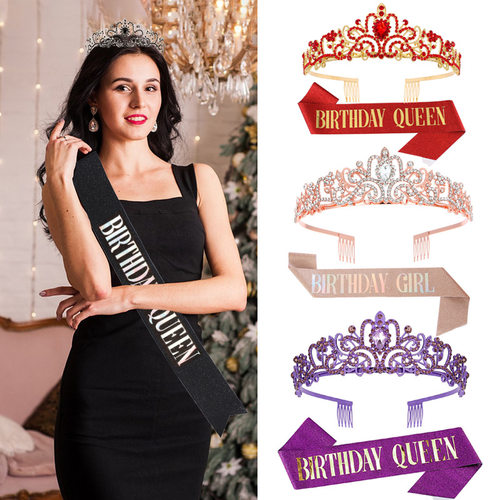 欧美时尚水晶皇冠腰带礼仪带生日头饰王冠Birthday Girlqueen绶带