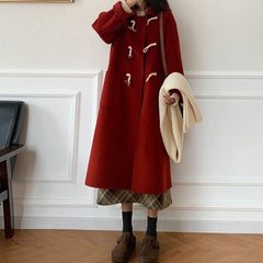 新款2024双面羊绒大衣扣红色小个子外套秋冬韩毛呢系牛角季气质子