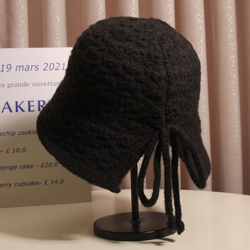 韩版后开叉蝴蝶结显脸小针织渔夫帽盆帽女秋冬甜美保暖护耳水桶帽