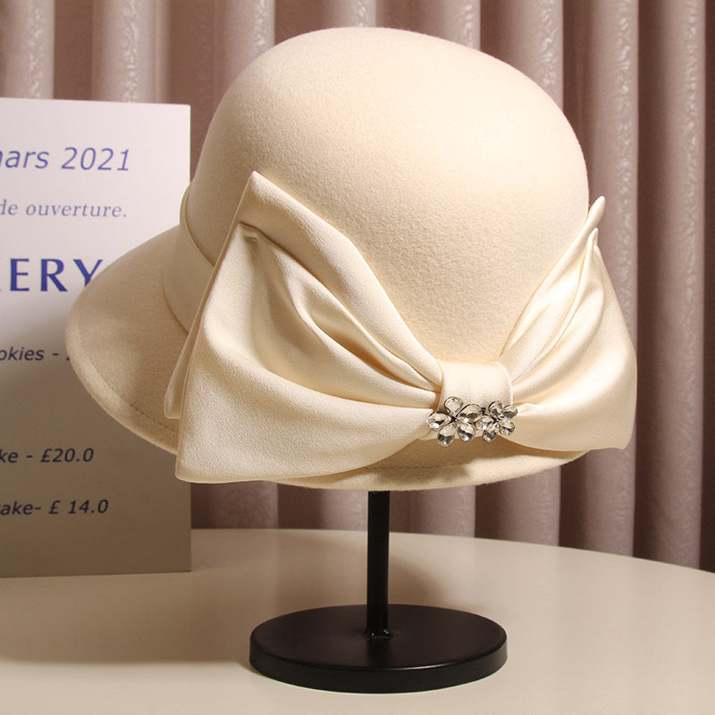 法式优雅蝴蝶结羊毛呢渔夫帽女秋冬英伦复古百搭盆帽气质名媛礼帽