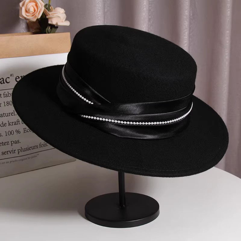 帽子女秋冬羊毛复古欧美珍珠织带