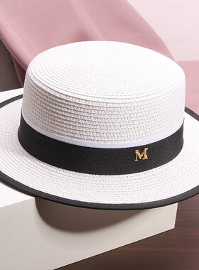 M标白色平顶草帽女夏季出游遮阳