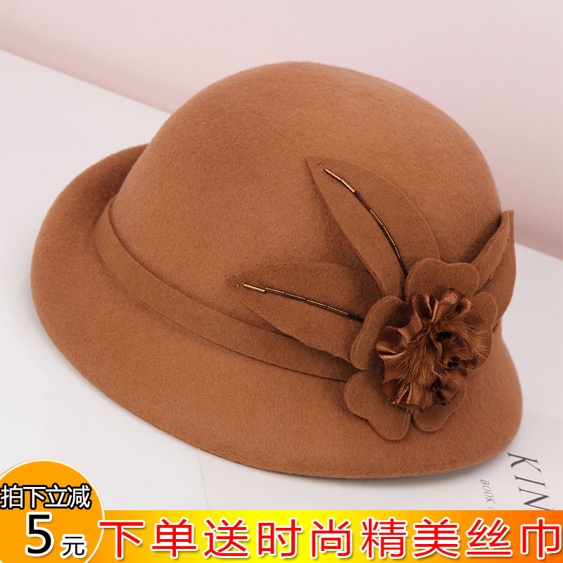 韩版时尚秋冬季羊毛呢贝雷帽女士英伦复古水貂毛花朵卷边小礼帽潮