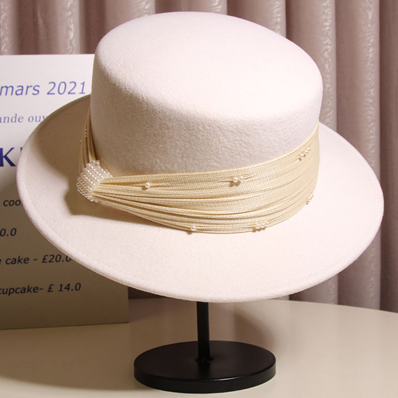 新款平顶平沿法式毡帽女士秋冬款真丝麻珍珠装饰纯羊毛呢定型礼帽
