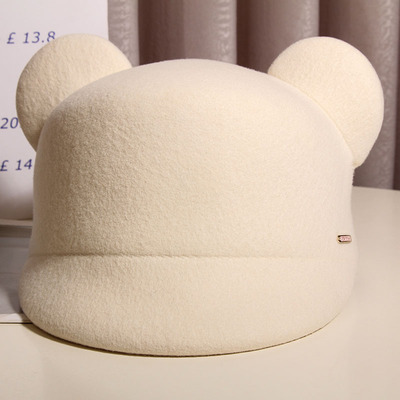 鸭舌帽女秋冬新款米奇耳朵羊毛呢帽子时尚百搭帽子简约洋气马术帽