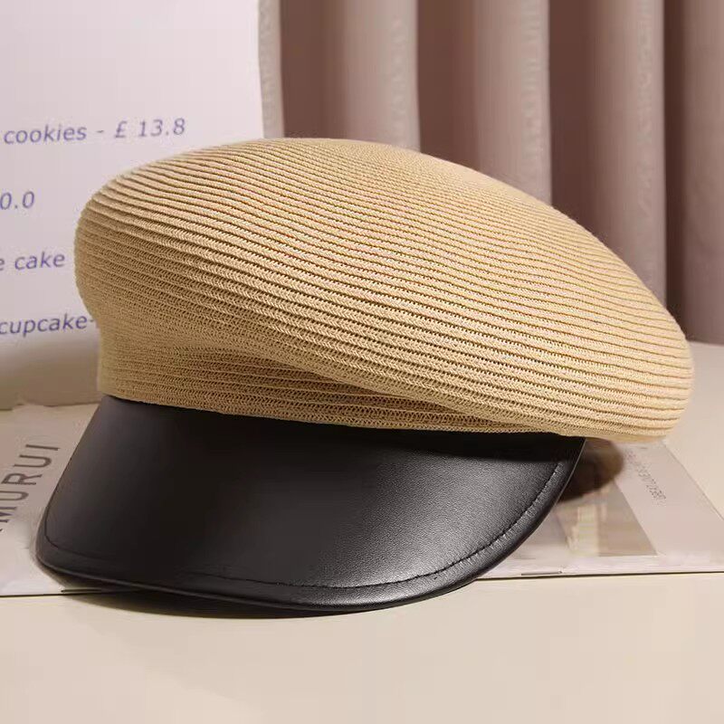 春夏日系斜顶皮沿马术草帽女显脸小休闲遮阳鸭舌帽复古报童帽出游