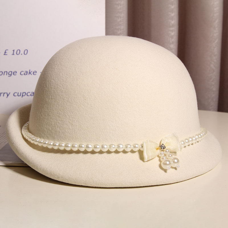 羊毛呢秋冬新款英伦复古礼帽优雅珍珠白色贝雷帽子女冬季时尚
