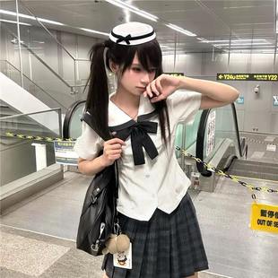 新款 衬衫 日系夏季 jk海军领短袖 收腰学院短款 上衣百褶裙制服套装