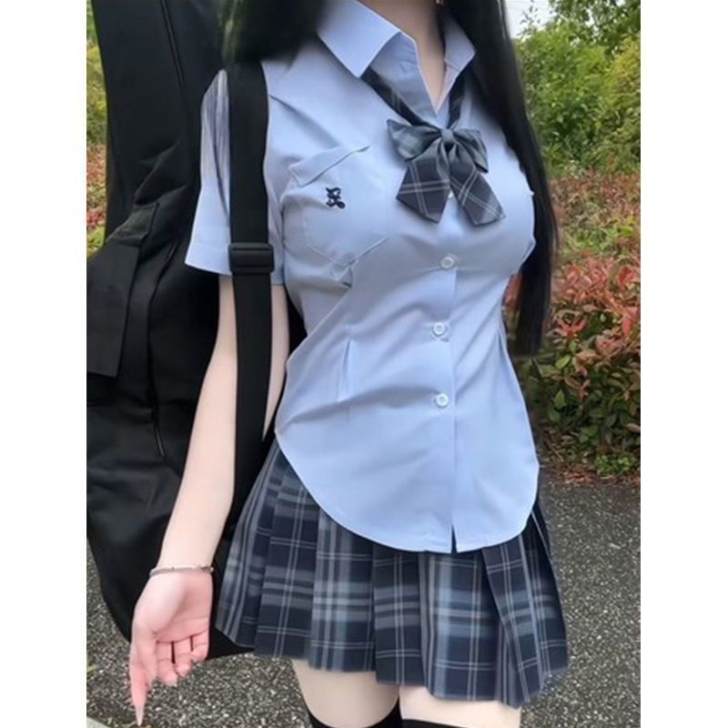 爆款原创收腰jk衬衫制服女蓝白两色设计感小众女衬衣夏季日系