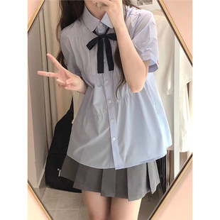 蓝色短袖 学院风甜美宽松纯色衬衣韩系感褶皱jk上衣 衬衫 女夏季