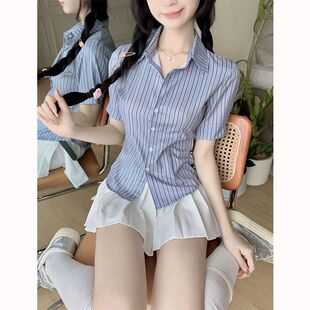 韩版 学院风条纹收腰衬衫 女夏季 纯欲辣妹polo领设计感小众短袖