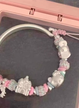 足银999可爱卡通kitty城堡蝴蝶结编绳手镯半镯手链可调节女友礼物