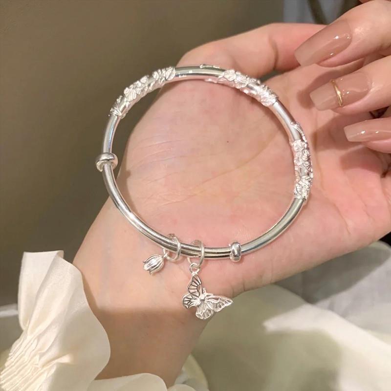 花丝银手镯女纯银9999足银繁花似锦花蕊蝴蝶银镯子实心推拉年轻款