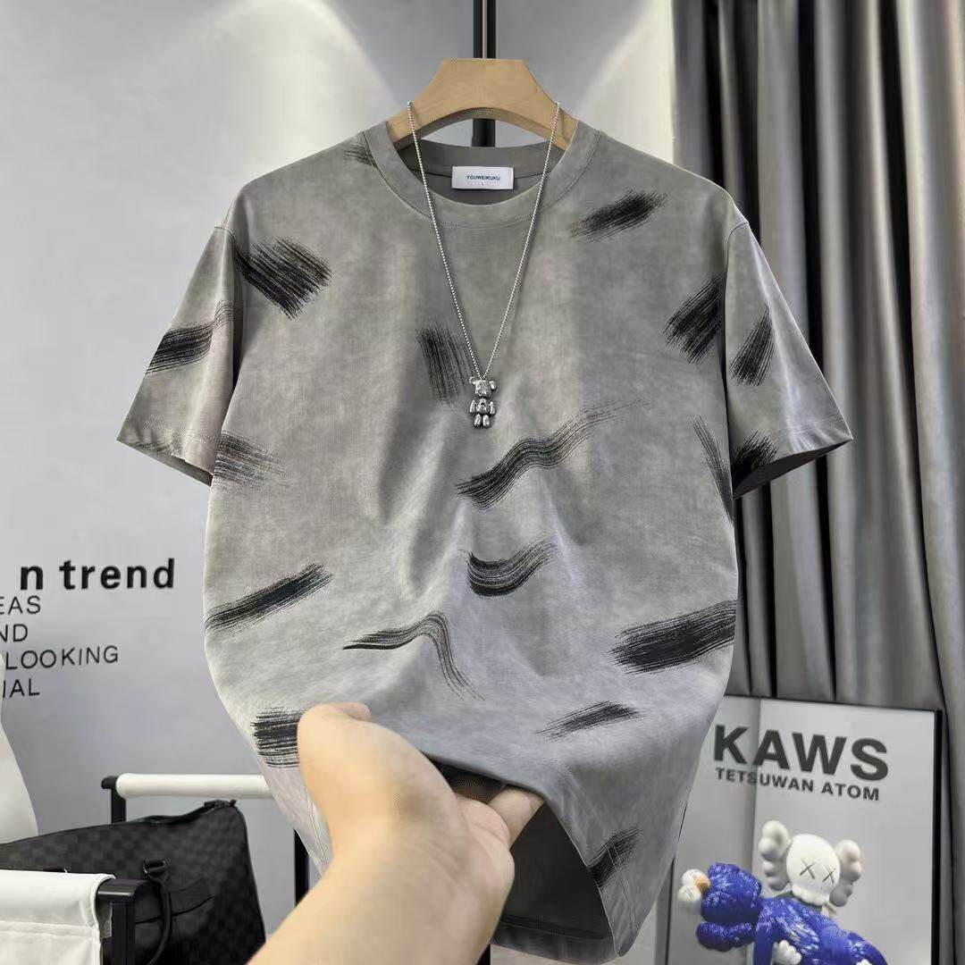 高级感冰丝棉圆领短袖T恤夏男士设计师款扎染透气简约半袖上衣服