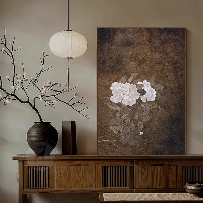 中古风花卉客厅装饰画侘寂中式玄关背景墙挂画宋代美学茶室墙壁画图片
