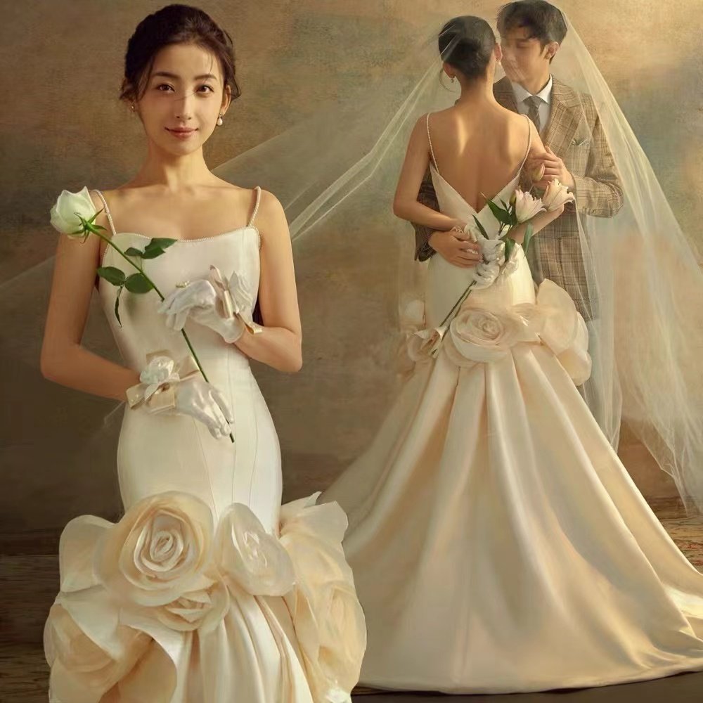 影楼新款旅拍花朵礼服主题服装摄影情侣写真拍照时尚收腰鱼尾婚纱