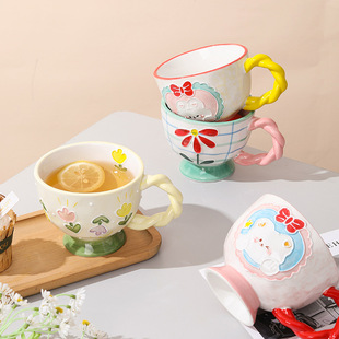 陶瓷手绘浮雕早餐杯马克杯大容量燕麦杯可爱创意牛奶杯咖啡杯