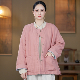 女装冬装新款复古国风宽松显瘦休闲棉衣圆领明线装饰棉服夹棉外套