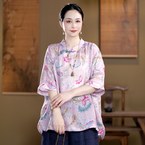 苎麻女装夏季新款复古斜襟立领印花五分袖衬衫女宽松休闲茶服上衣