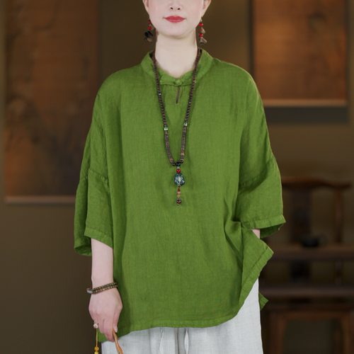 新中式亚麻立领盘扣五分袖上衣