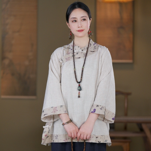 新中式女装夏季新款复古立领斜襟盘扣亚麻印花拼接七分袖茶服上衣