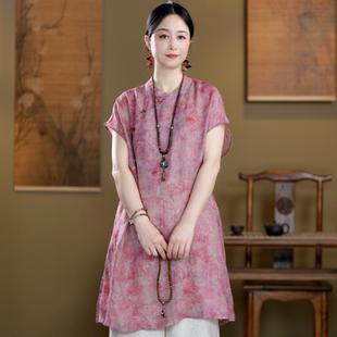 苎麻女装夏季新款彩色琉璃扣文艺复古斜襟小飞袖印花中长款上衣女