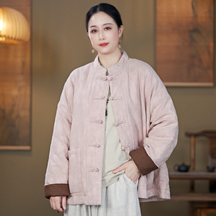 女装冬装新款复古国风宽松显瘦盘扣休闲棉衣亚麻织花保暖棉服外套