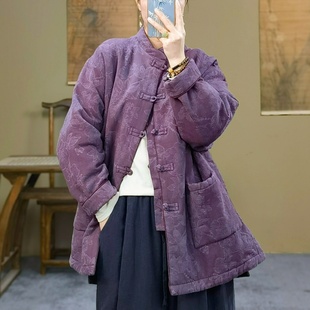 新中式女装冬装新款棉衣女立领盘扣亚麻织花加厚保暖中长款棉服女