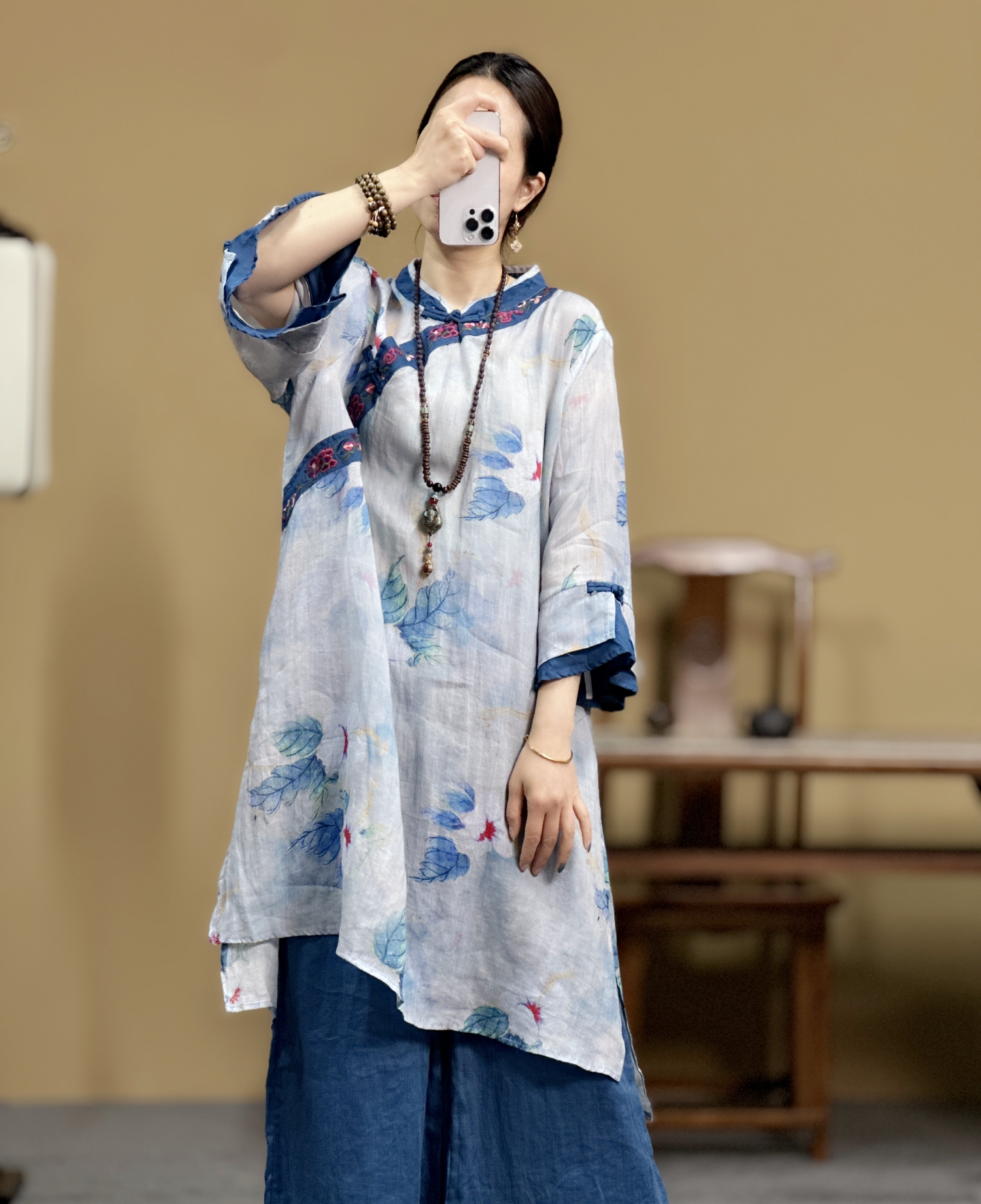 七分袖刺绣印花上衣束心苎麻夏季