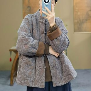 束心新中式冬装新款棉服复古立领盘扣亚麻织花加厚保暖棉衣外套女