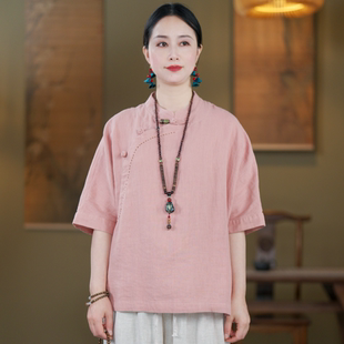 新中式女装夏装新款复古立领斜襟盘扣手工线衬衫女亚麻短袖上衣女