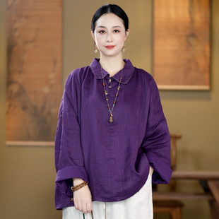 女装秋季新款复古国风宽松文艺翻领显瘦休闲长袖衬衫苎麻双层上衣