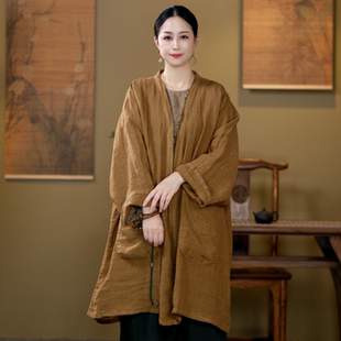 女装秋装新款原创设计亚麻宽松纯色复古百搭中长款外披大码开衫女