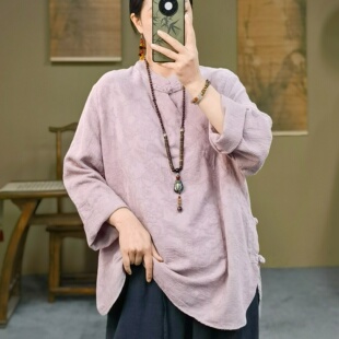 新中式女装春装新款复古立领盘扣提花衬衫女亚麻宽松长袖茶服上衣