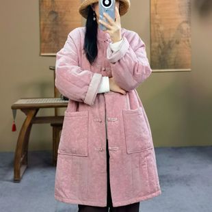 束心新中式冬装新款棉衣立领盘扣亚麻棉织花落肩袖长款棉服外套女