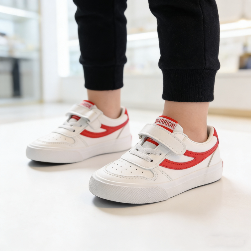 深圳小学生校鞋网眼板鞋皮面耐脏小白鞋白红色防水运动鞋儿童跑鞋