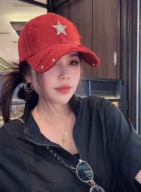 L19时尚复古水钻十字架破洞棒球帽子女透气百搭显瘦磨破鸭舌帽