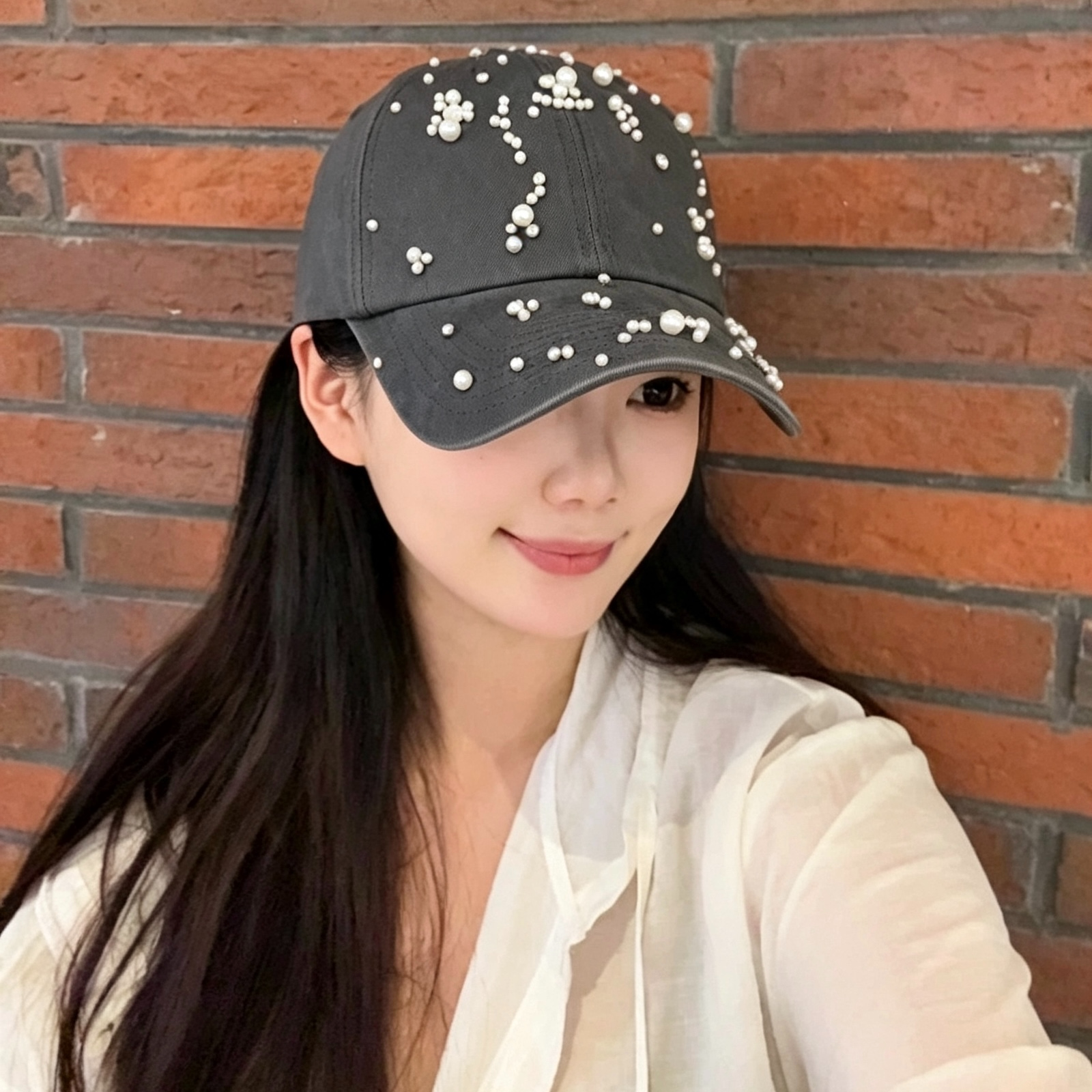 C96软顶珍珠装饰做旧棒球帽女春夏季遮阳防晒帽宽檐显脸小鸭舌帽