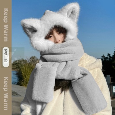 新款灵动狐狸帽子女秋冬骑车保暖防寒毛绒可爱帽子围巾一体三件套