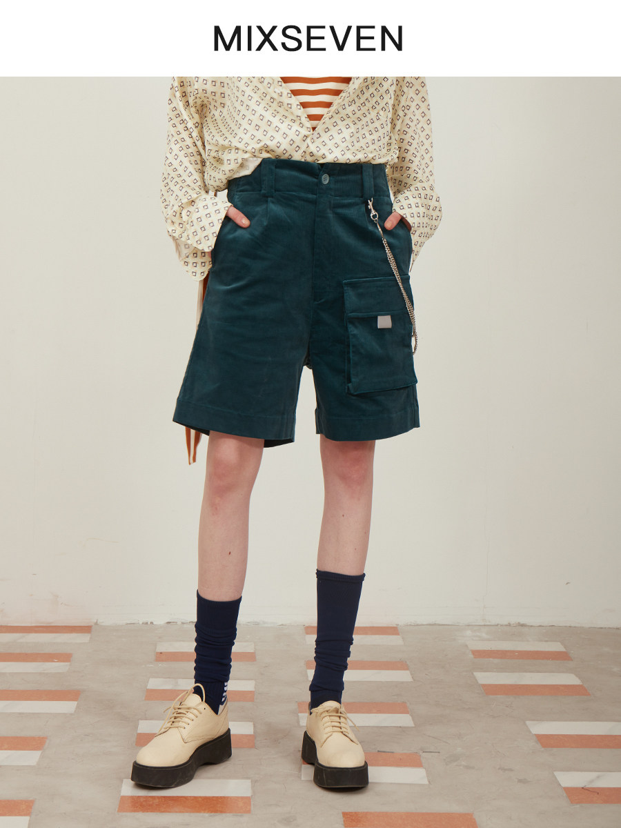 mixseven原创水鸭绿五分裤灯芯绒肌理工装短裤直筒宽松休闲