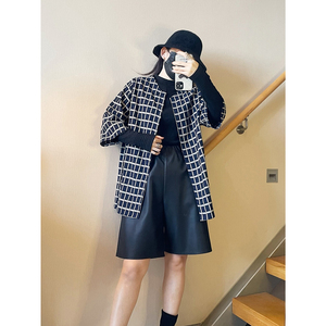 通勤风格子五分袖风衣中长款