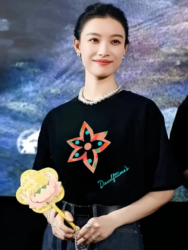 倪妮同款2025新款黑色卡通印T恤