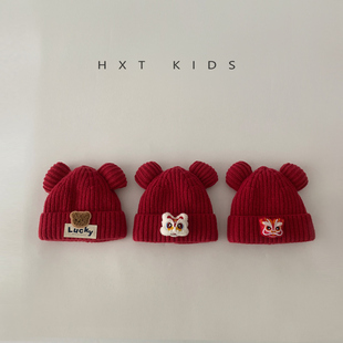 婴儿针织帽秋冬季红色套头醒狮保暖帽子婴幼儿宝宝冬天保暖毛线帽