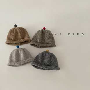 儿童毛线帽洋气帽顶撞色小球丸子帽秋冬季宝宝帽子出游穿搭针织帽