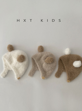 婴儿毛绒帽秋冬季洋气拼色双小球针织帽0-1岁小月龄宝宝保暖帽子