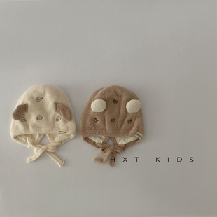 婴儿护耳帽秋冬季超萌可爱小熊加厚内里保暖帽子3个月宝宝针织帽6