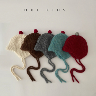 儿童护耳帽秋冬小毛球撞色系带针织帽韩国潮童宝宝冬天保暖帽子酷